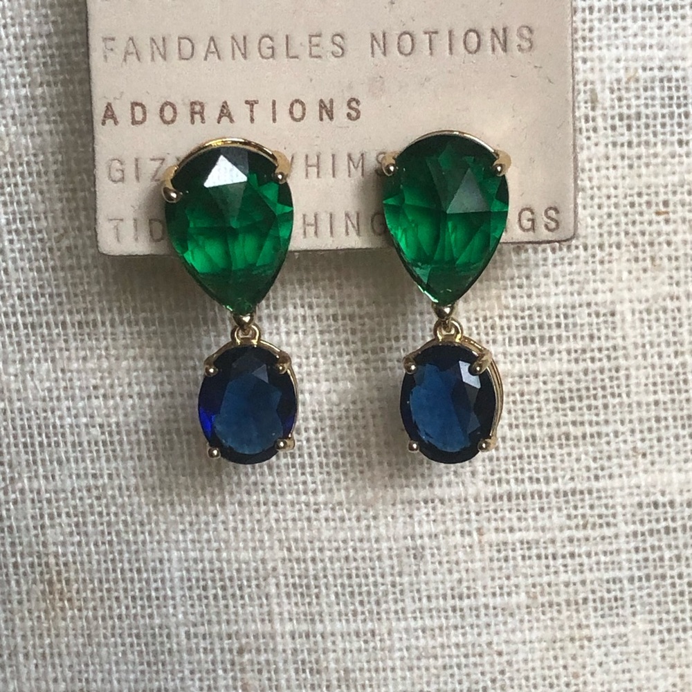 Anthropologie Double Crystal Post Earrings - Green and Navy NWT